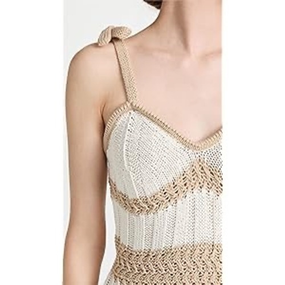 Ramy Brook Birdie Women Ivory Tan Crochet Tie Strap Midi Dress Size Medium